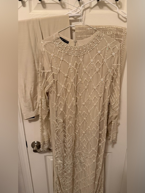 Dresses & Skirts - Elegant Long Sleeve Beaded Maxi Dress - Cream